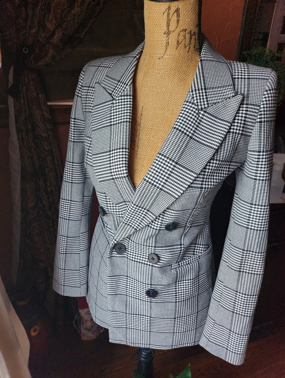 Express Black & White Glen Plaid Double-Breasted Blazer
